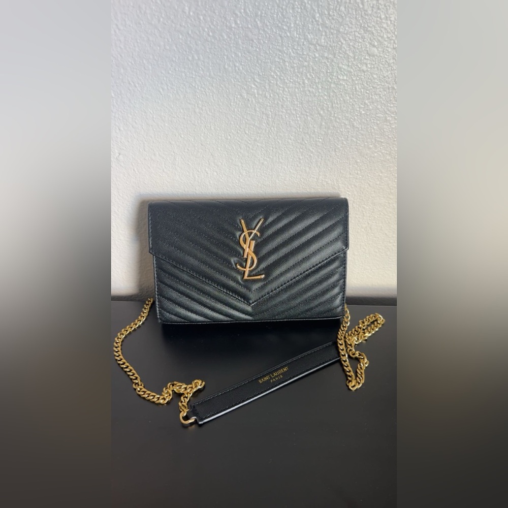 Saint Laurent Monogram Large Wallet on Chain in Grained Leather